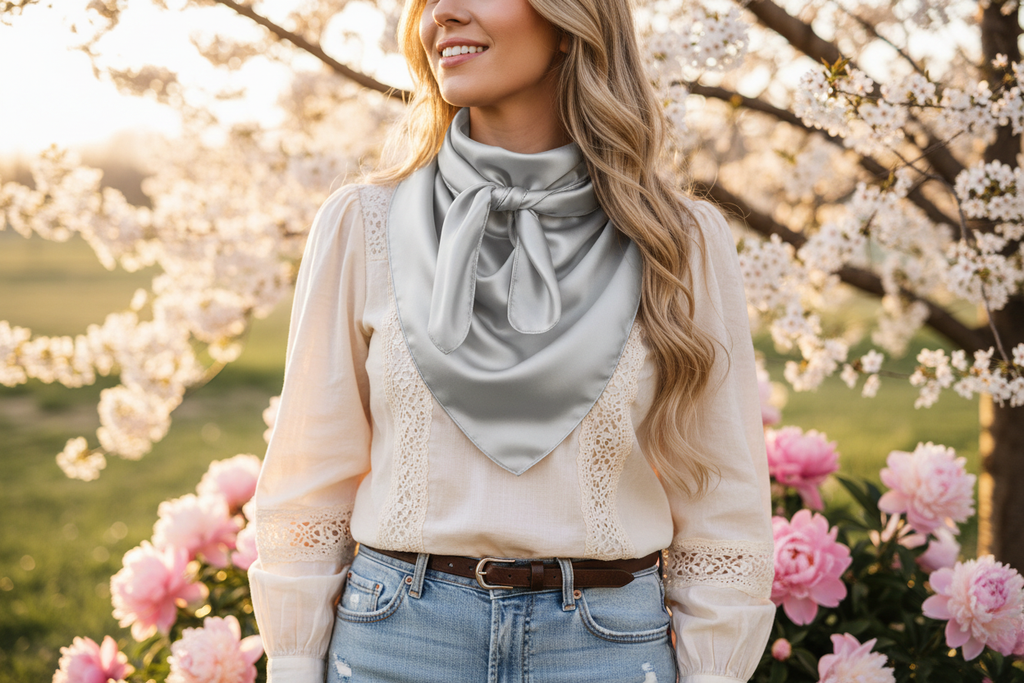 Silver gray wild rag tied elegantly at spring wedding with blooming flowers and soft blouse