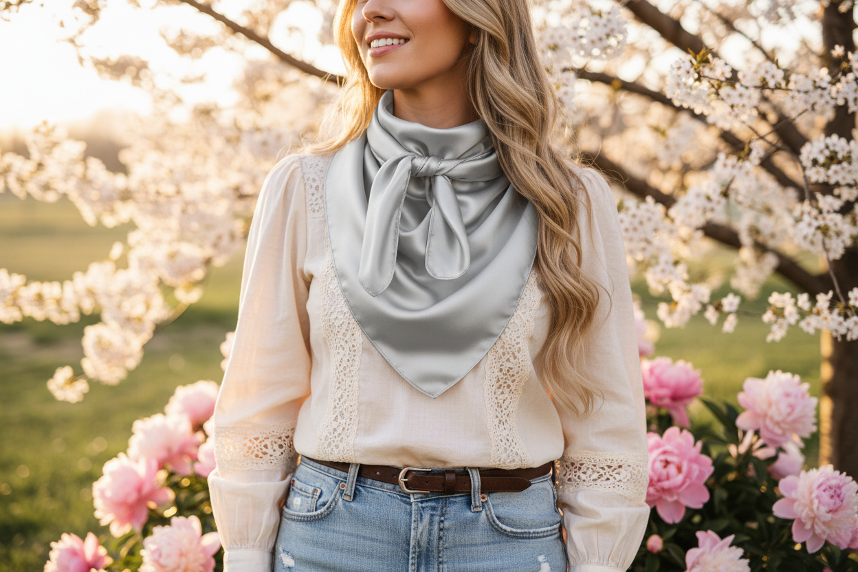 Silver gray wild rag tied elegantly at spring wedding with blooming flowers and soft blouse