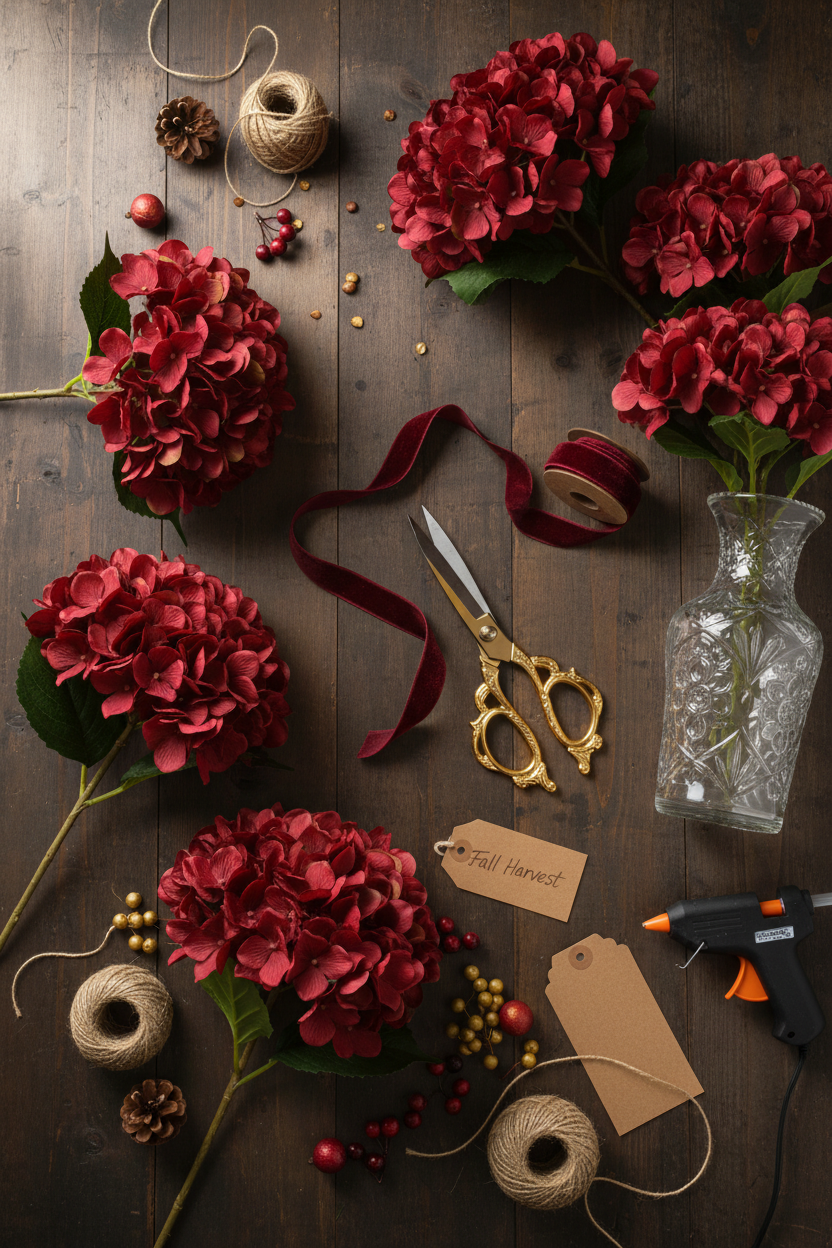 DIY floral arrangement workspace with deep red hydrangea stems, gold scissors, and burgundy ribbon overhead view