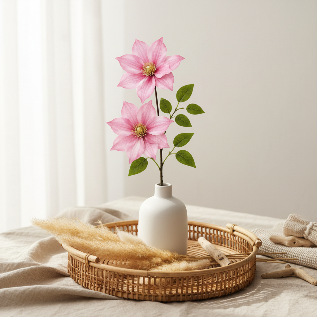 Light pink clematis artificial flower stems in white ceramic vase with boho styling, pampas grass and rattan tray on neutral linen surface