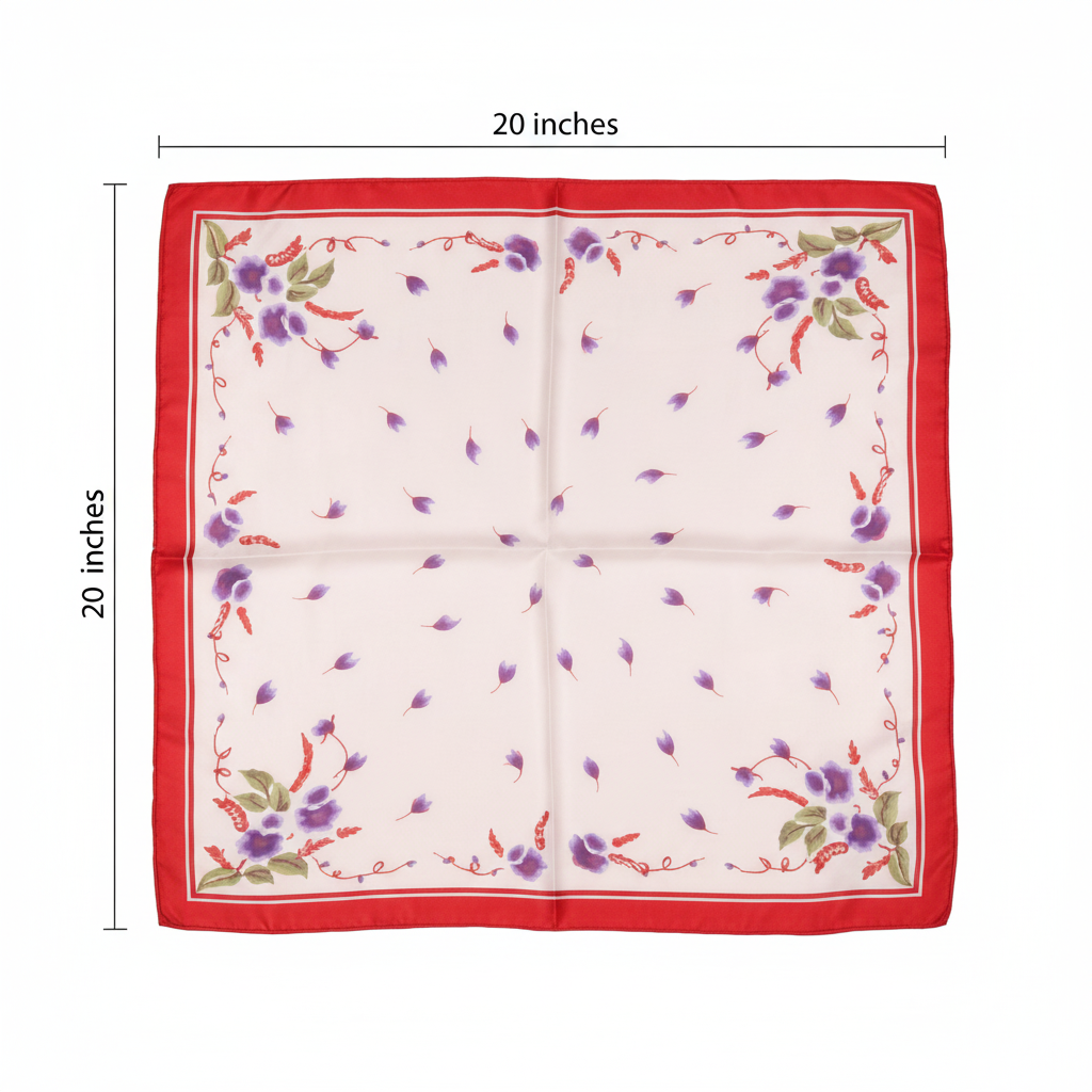 Red pink floral satin scarf measurement diagram showing 20x20 inch dimensions