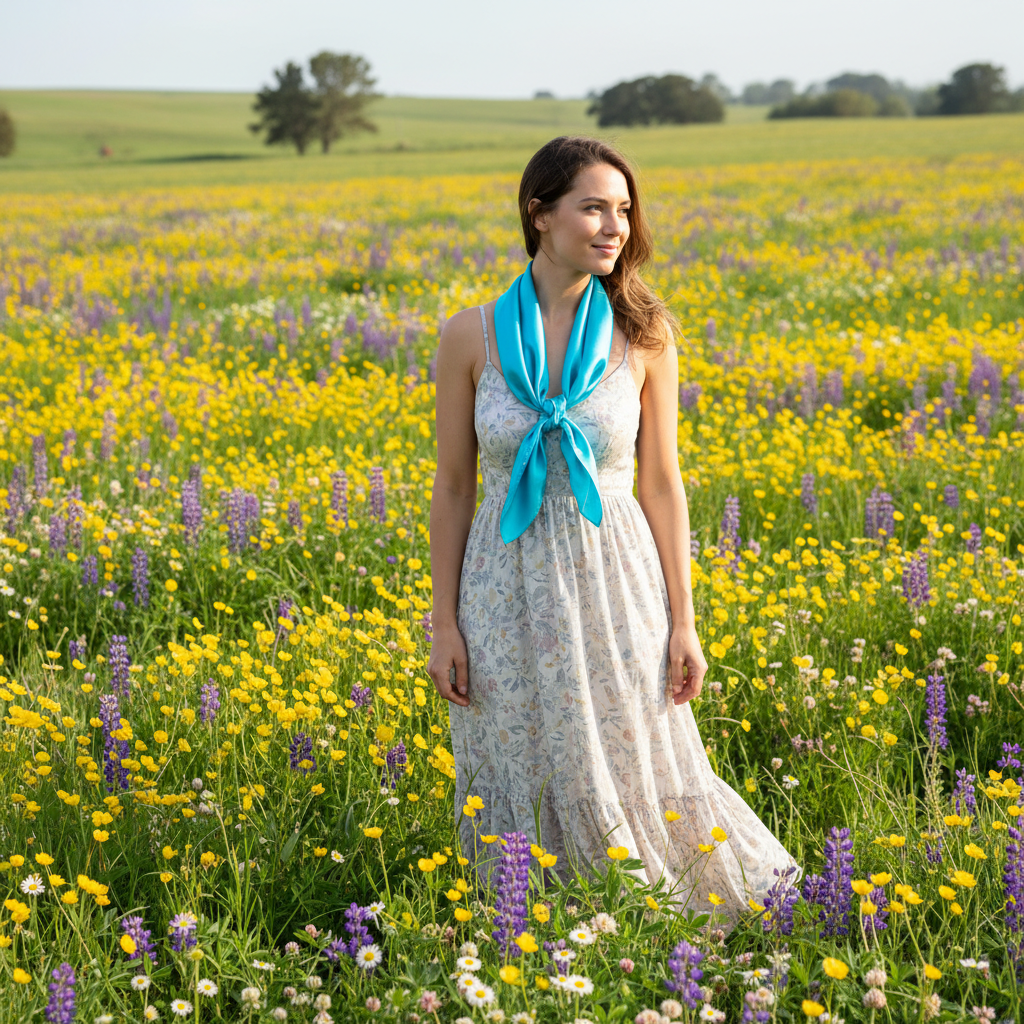 Woman in spring wildflower field wearing aqua blue wild rag scarf