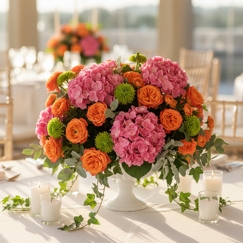Pink hydrangea orange ranunculus orange roses and green button mums in white pedestal vase elegant wedding reception centerpiece