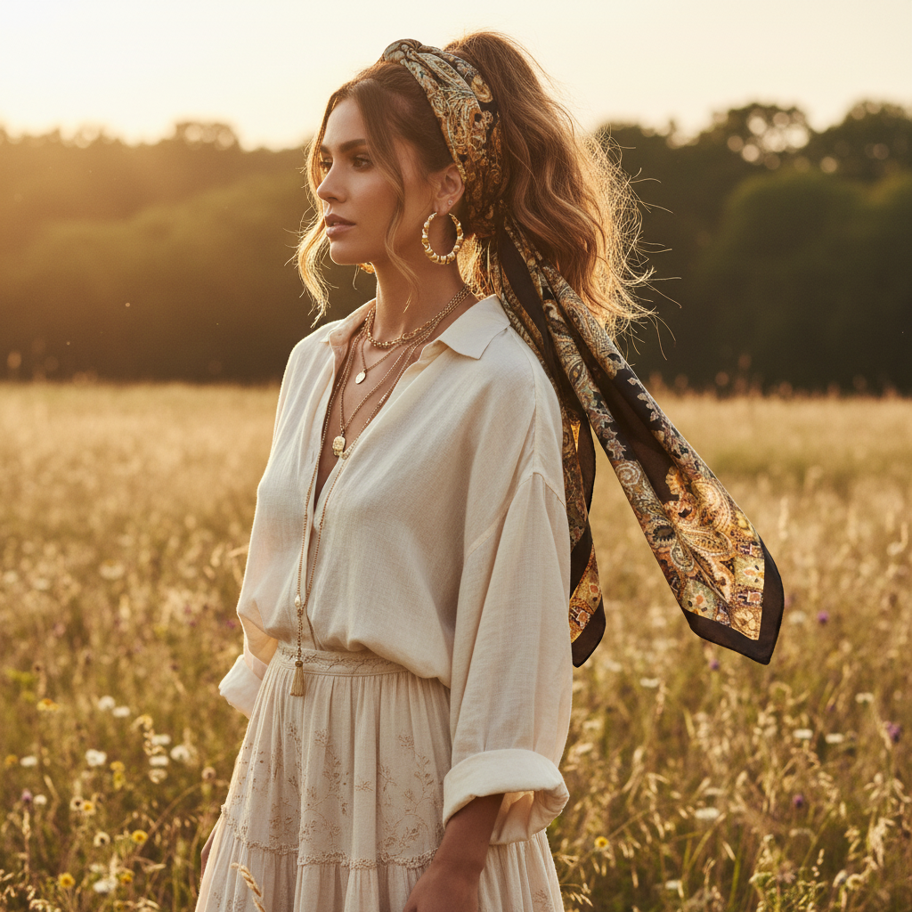 Woman wearing black, gold, and sage green paisley floral silk square scarf tied around a ponytail as a boho hair wrap – Chic & Effortless style