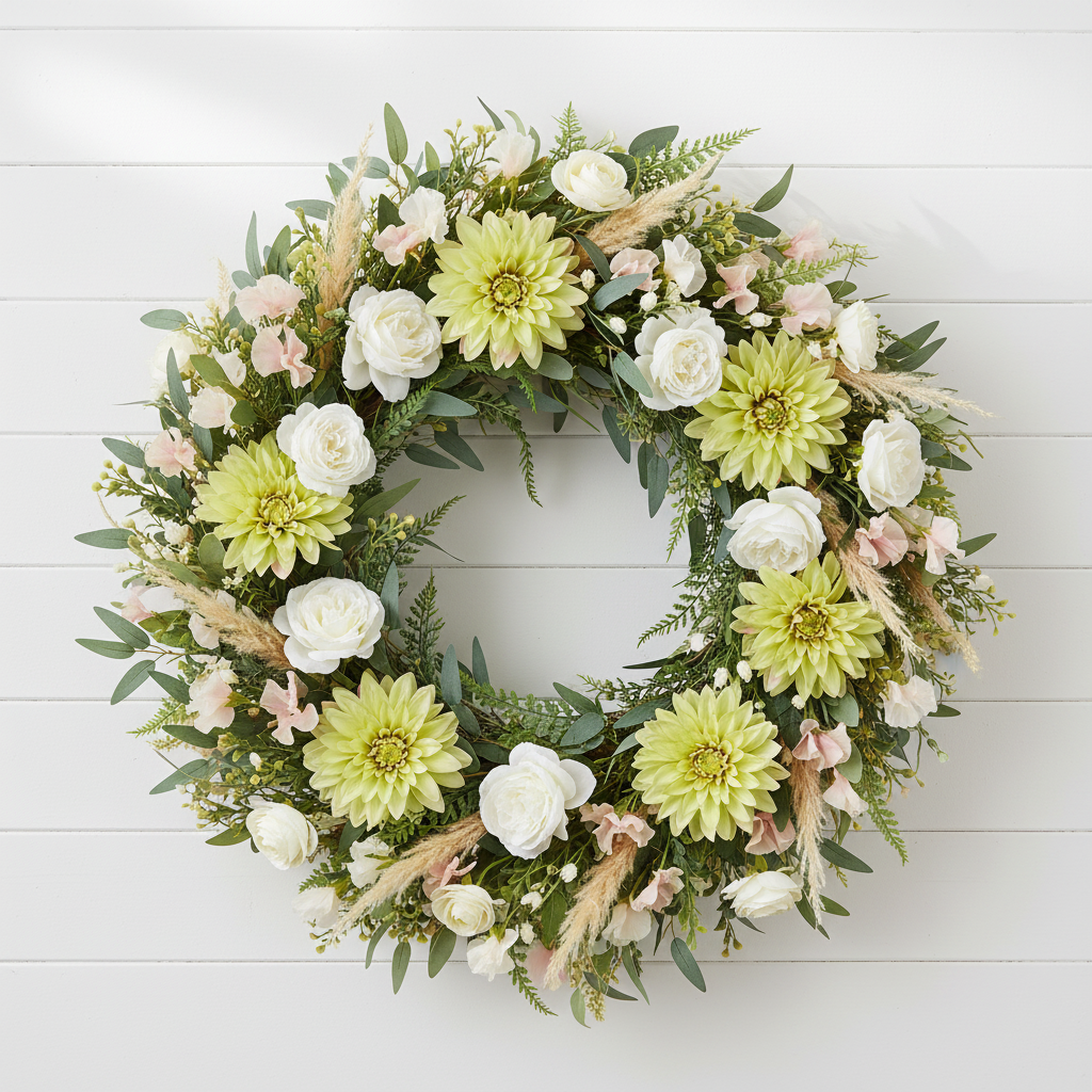 Round farmhouse wreath with light green dahlia blooms, white roses, blush sweet peas and pampas grass on shiplap wall