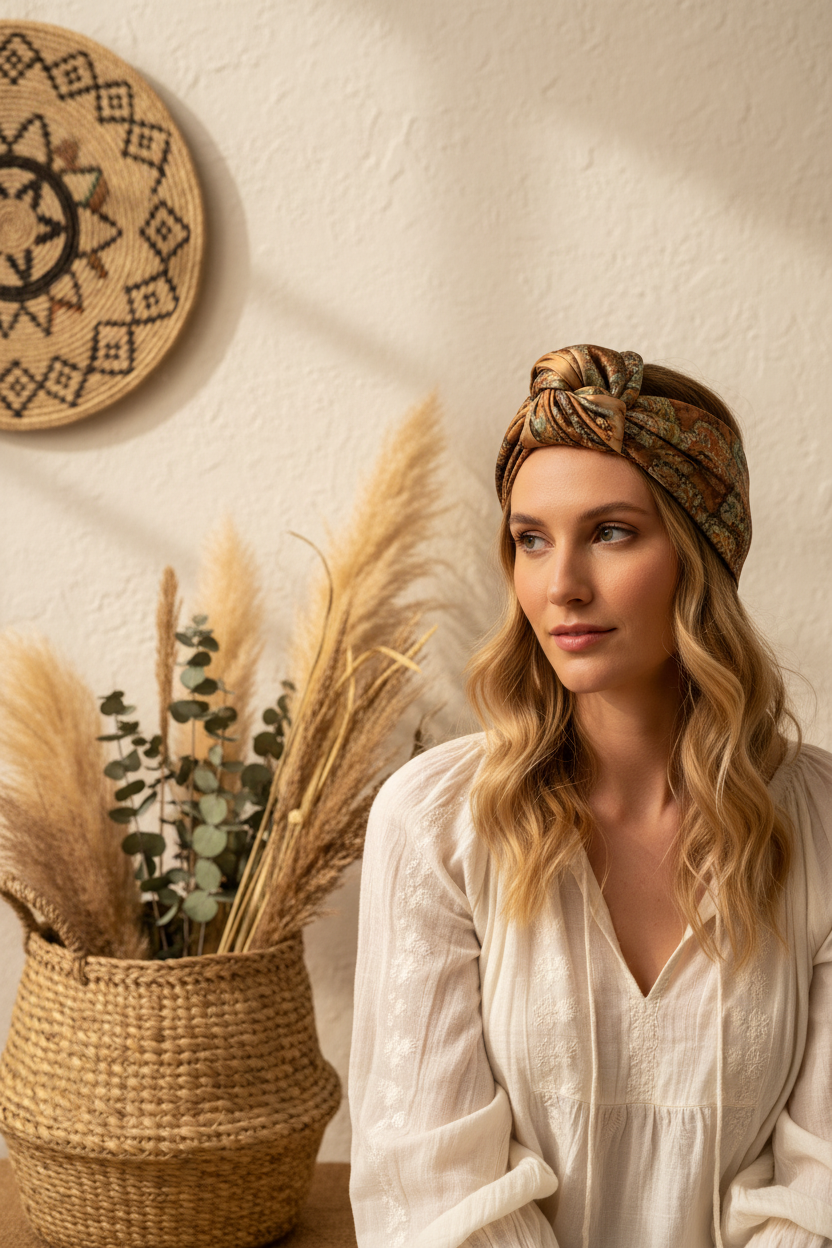 Satin paisley square scarf worn as boho head wrap hair scarf on woman with blonde hair