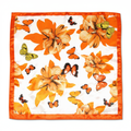 Orange Butterfly Floral Satin Scarf 20x20 Autumn Bloom Square Scarf with Lily Flowers and Butterflies on White Background