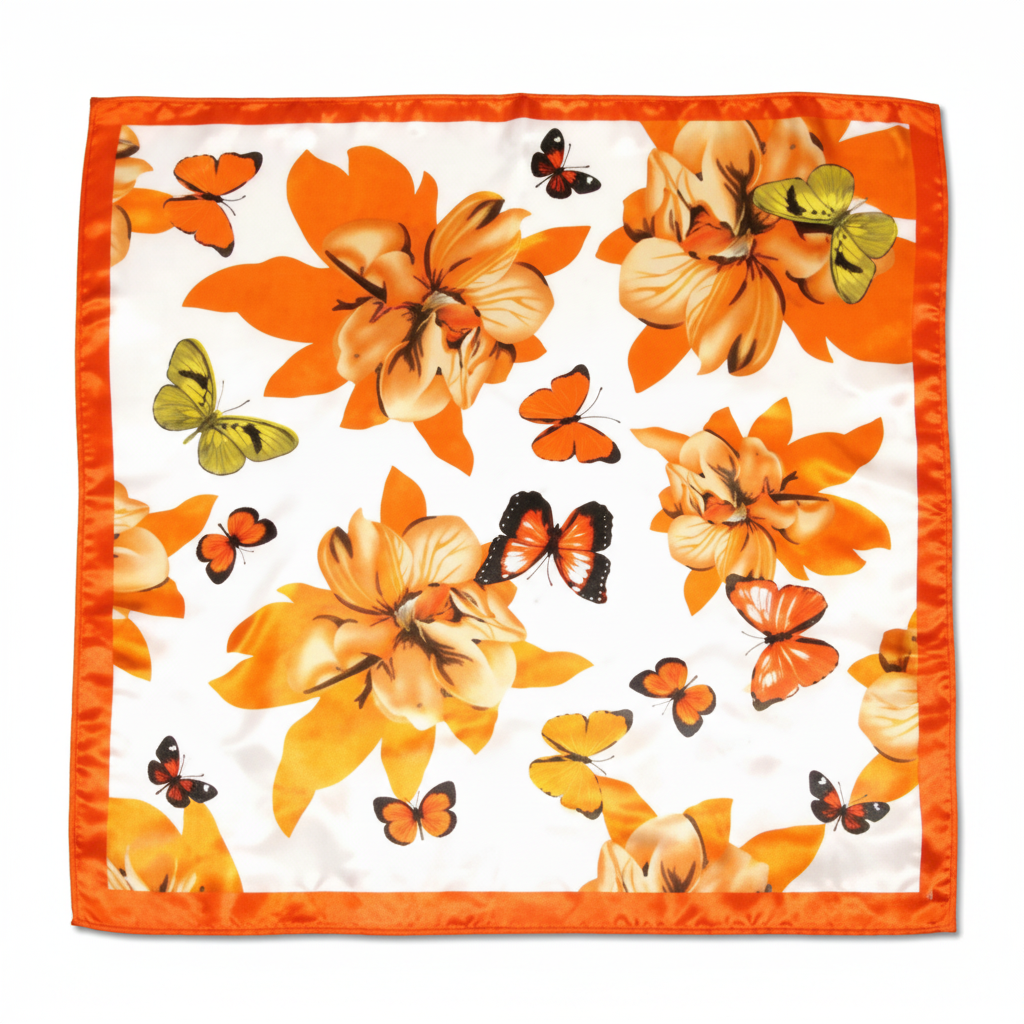 Orange Butterfly Floral Satin Scarf 20x20 Autumn Bloom Square Scarf with Lily Flowers and Butterflies on White Background