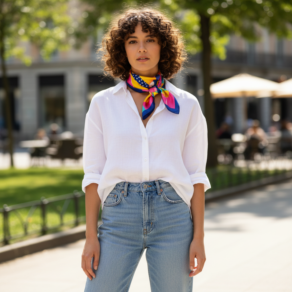 Woman Wearing Retro Geometric Satin Scarf as Neck Scarf 20x20 Square Accessory Multicolor