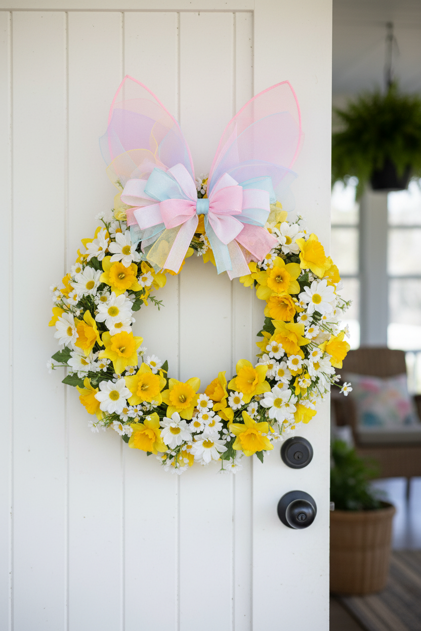 Easter bunny wire wreath frame with fabric-covered ears decorated with yellow daffodils and white flowers hanging on white farmhouse door