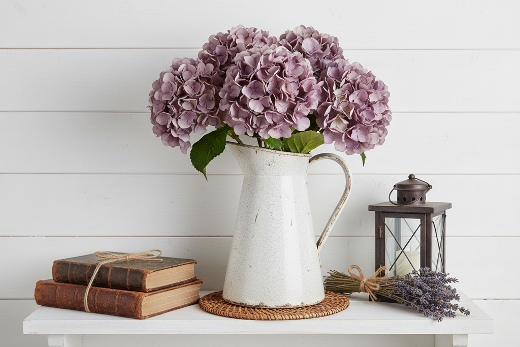 Lavender purple hydrangea stems in vintage pitcher on white shiplap wall shelf with farmhouse accessories