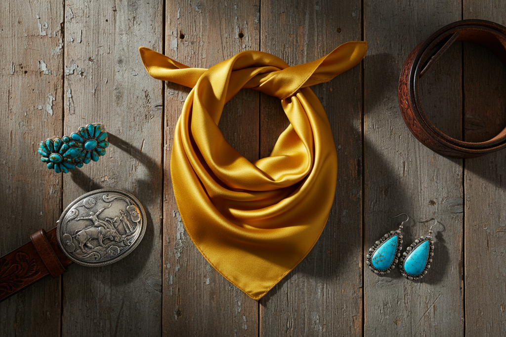 Golden yellow wild rag flat lay with leather belt, silver rodeo buckle, and turquoise jewelry on barn wood