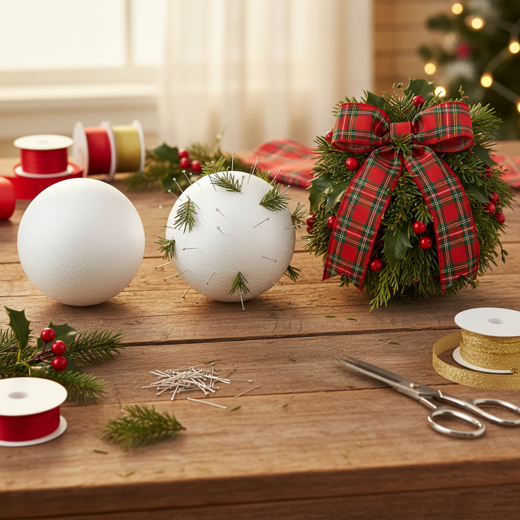 Three 4 inch white styrofoam balls shown as DIY Christmas kissing ball works in progress on a craft table with floral pins ribbon and holiday greenery