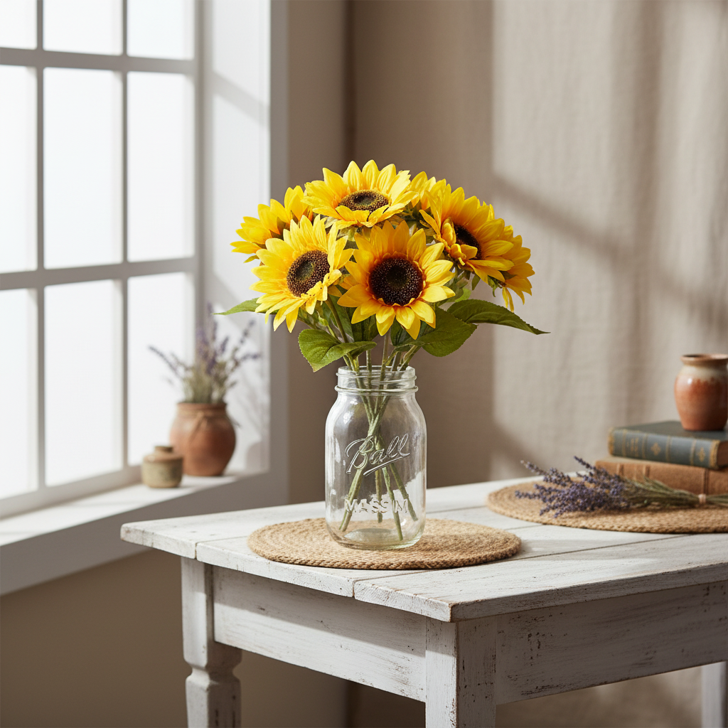 Yellow faux silk sunflower stems in mason jar on white wooden table rustic farmhouse decor