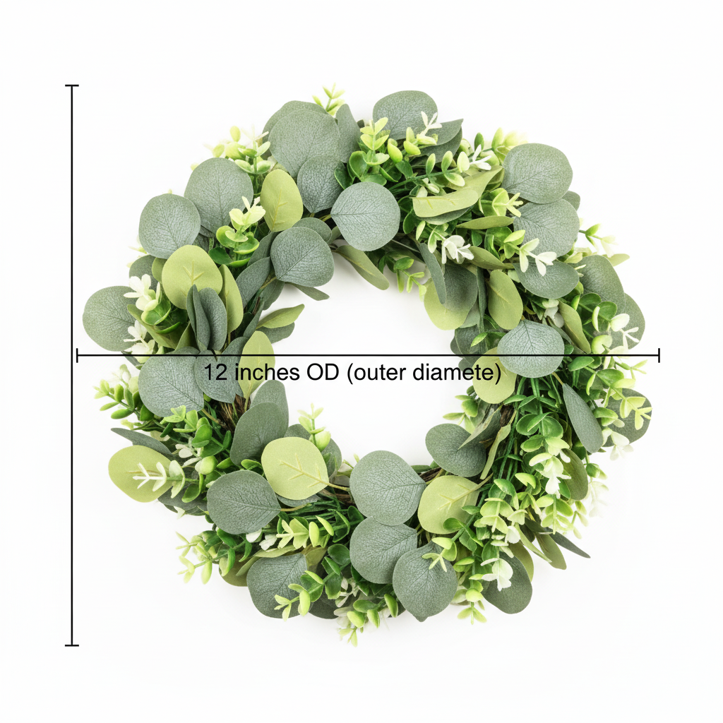 Measurement diagram showing 12 inch outer diameter of eucalyptus wreath base