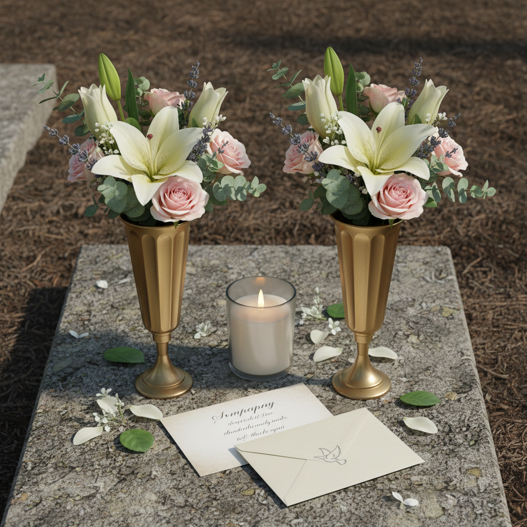 Flat lay of gold cemetery vases with memorial flowers, candles, and sympathy card