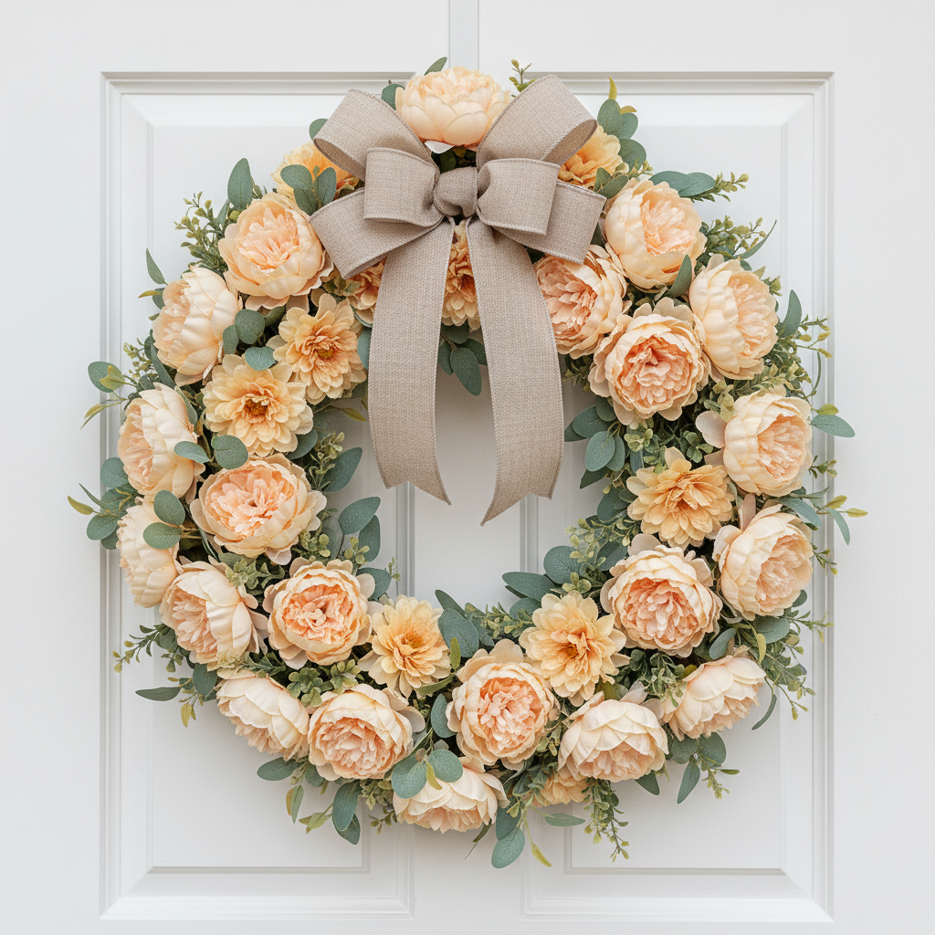 Soft peach artificial peony blooms clustered on a lush handcrafted wreath on elegant white door with eucalyptus and ribbon