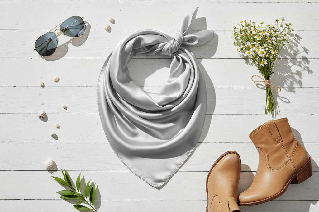 Silver gray wild rag summer flat lay with sunglasses, white flowers, and tan leather boots