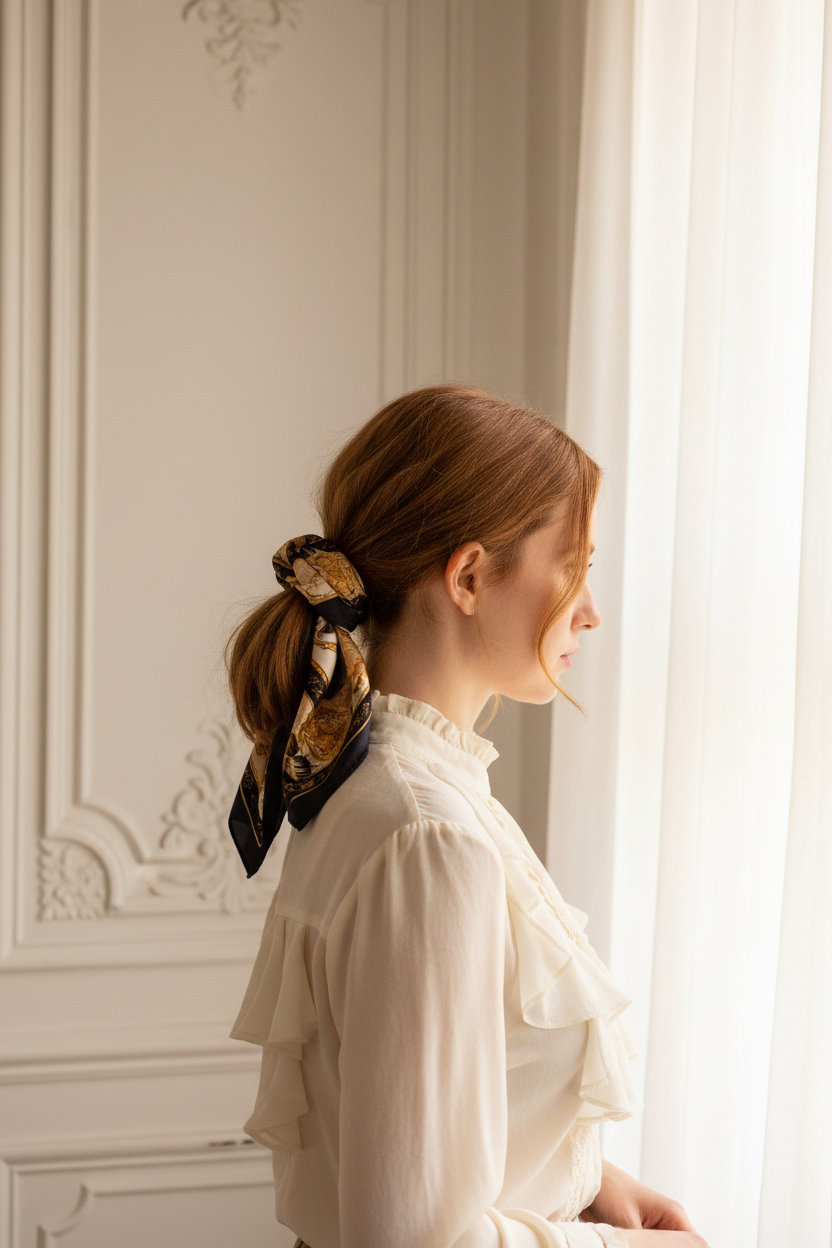 Woman with auburn hair wearing navy gold equestrian horse medallion satin square scarf tied around ponytail with French country white paneling background