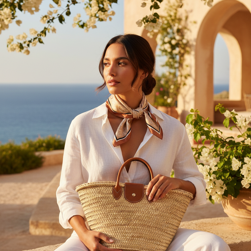 Woman wearing creamy tan paisley satin scarf tied as neckerchief with white linen shirt at Mediterranean coastal setting quiet luxury style