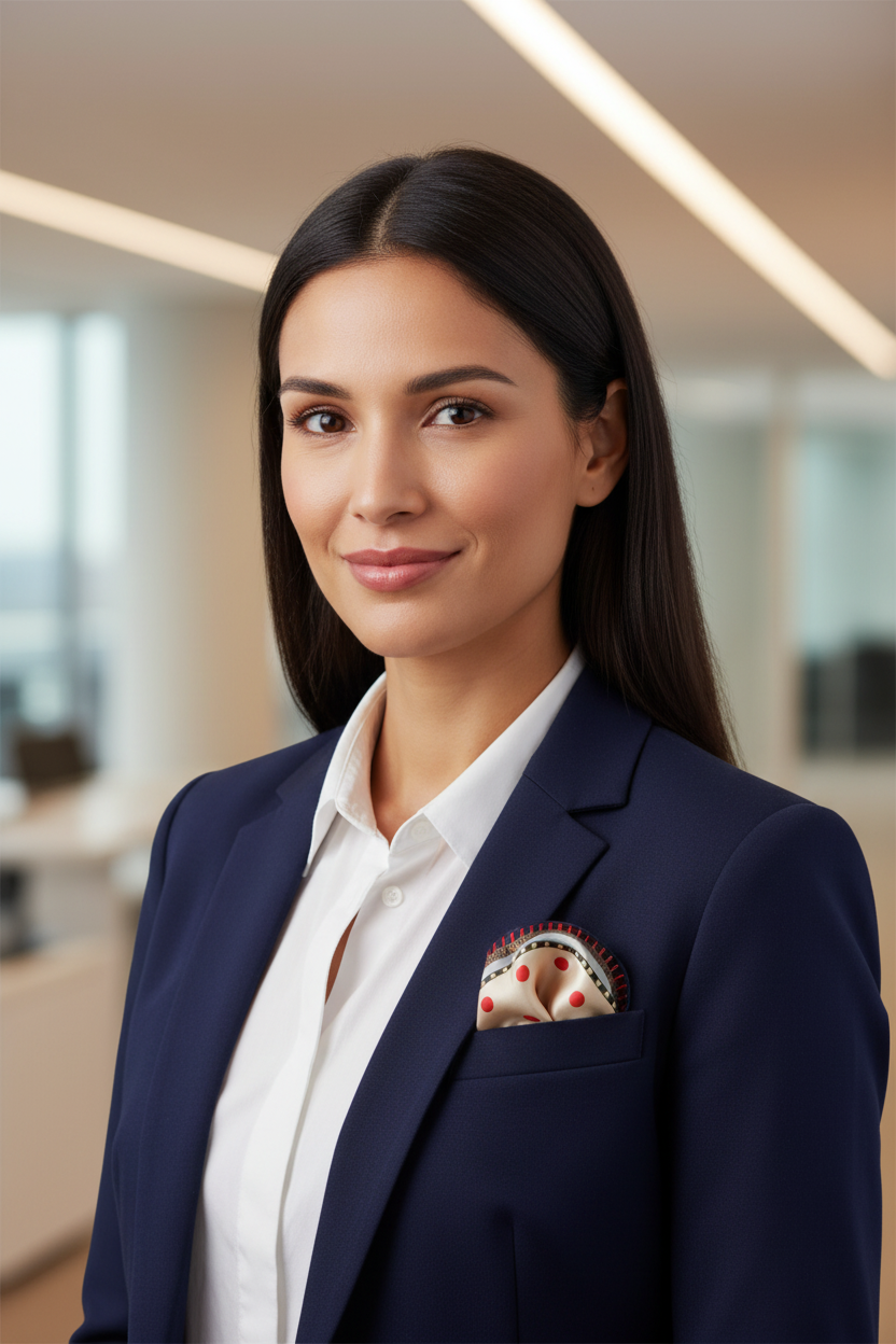 Woman with olive skin long dark hair wearing cream red polka dot satin square scarf as pocket square in navy blazer white dress shirt business professional look 20x20