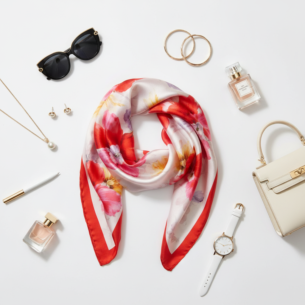 Red Watercolor Floral Satin Scarf 20x20 Flat Lay with Fashion Accessories Styling