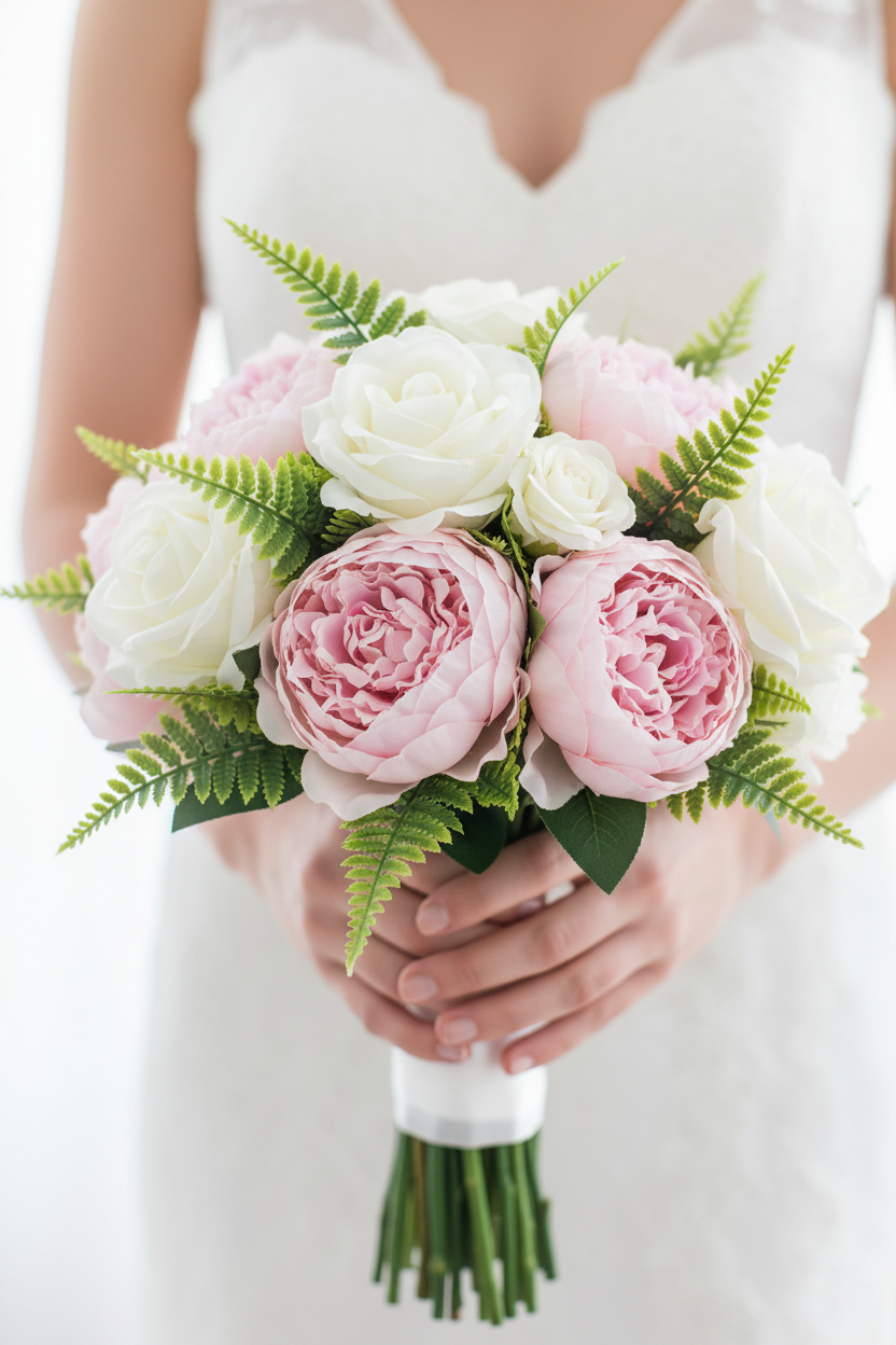 Elegant bridal bouquet of white roses and blush peonies with artificial two-tone green fern leaf picks as greenery filler held against a soft white background