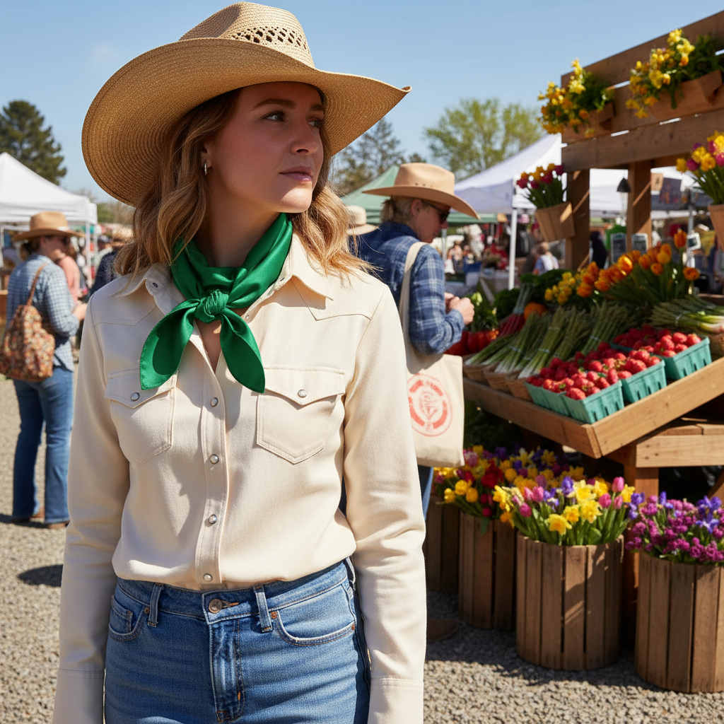 Woman wearing green wild rag scarf at spring farmers market - western casual style