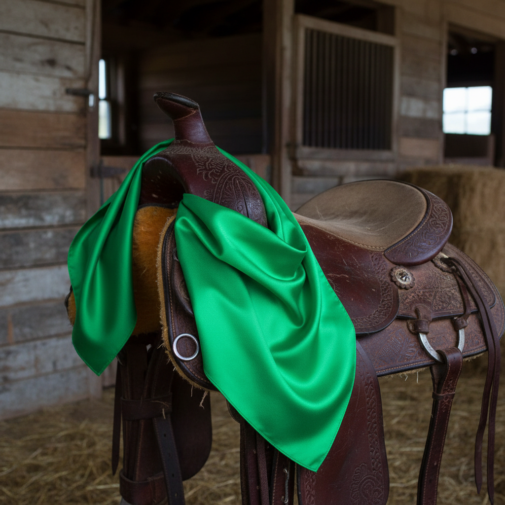 Kelly green satin wild rag scarf draped over western saddle showing silk-like texture and drape