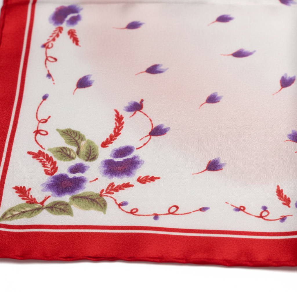 Close-up detail of red pink floral satin scarf showing floral pattern and fabric texture