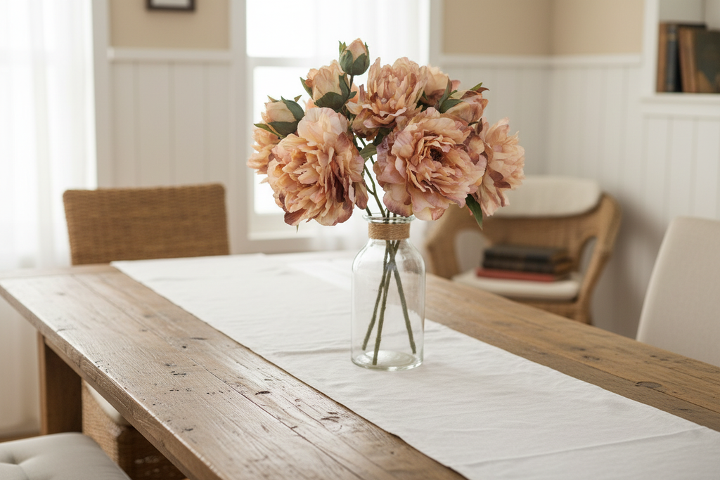 Farmhouse dining table with blush peach peony stems with large bloom in glass vase with white linen and natural light