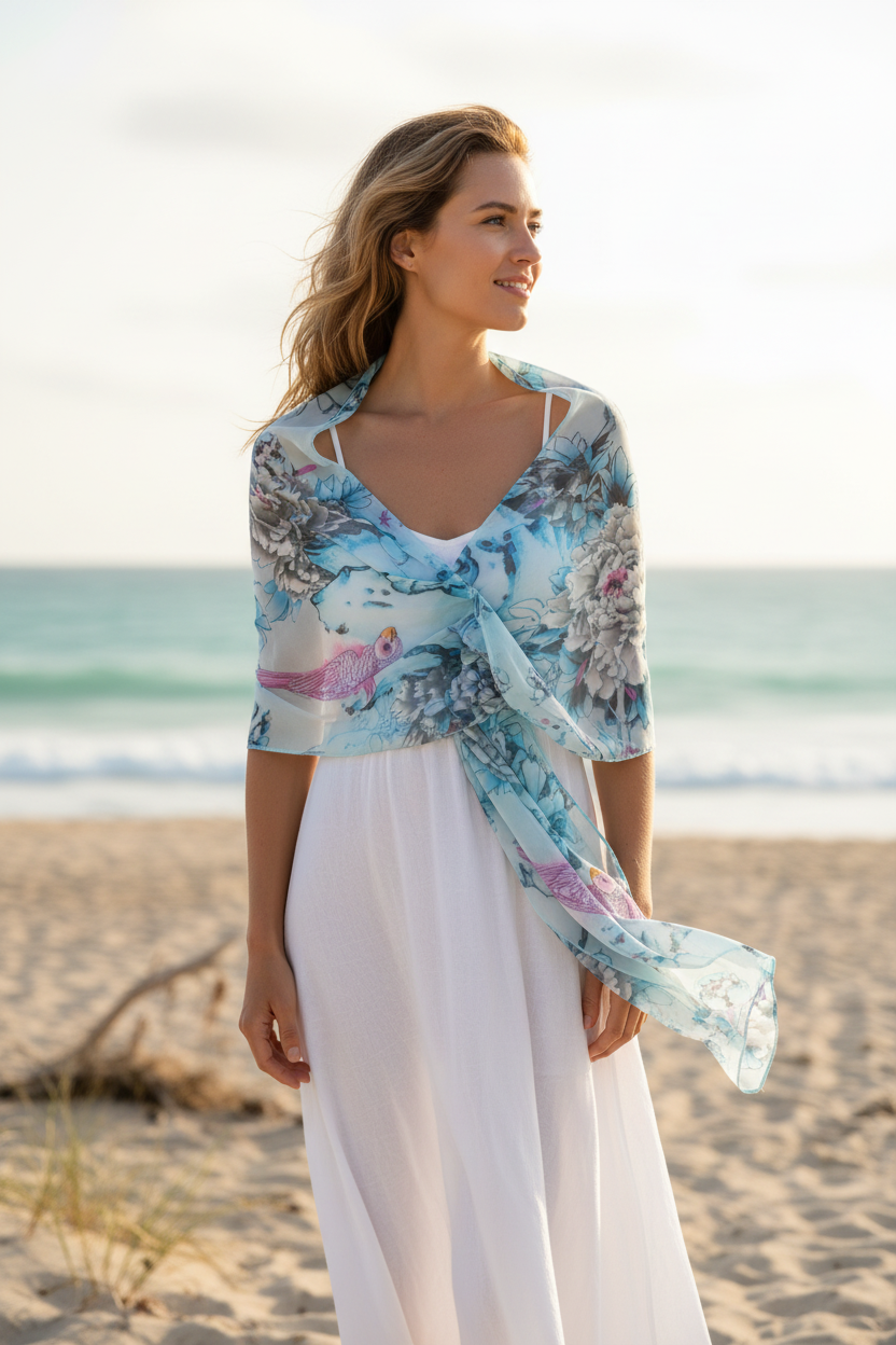 Lightweight chiffon scarf worn as beach wrap in coastal vacation setting
