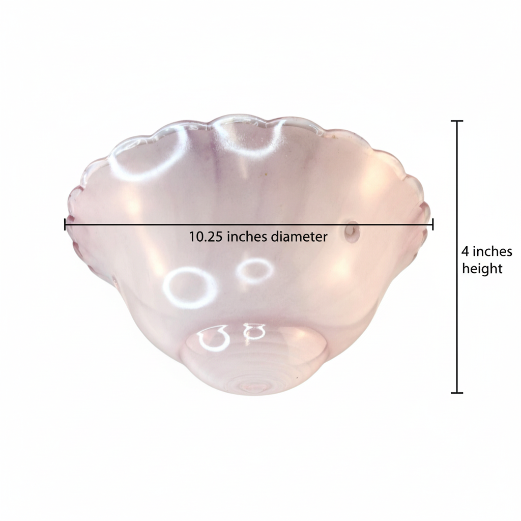 Measurement diagram showing 10.25 inch diameter and 4 inch height of Art Deco pink swirl glass ceiling light shade