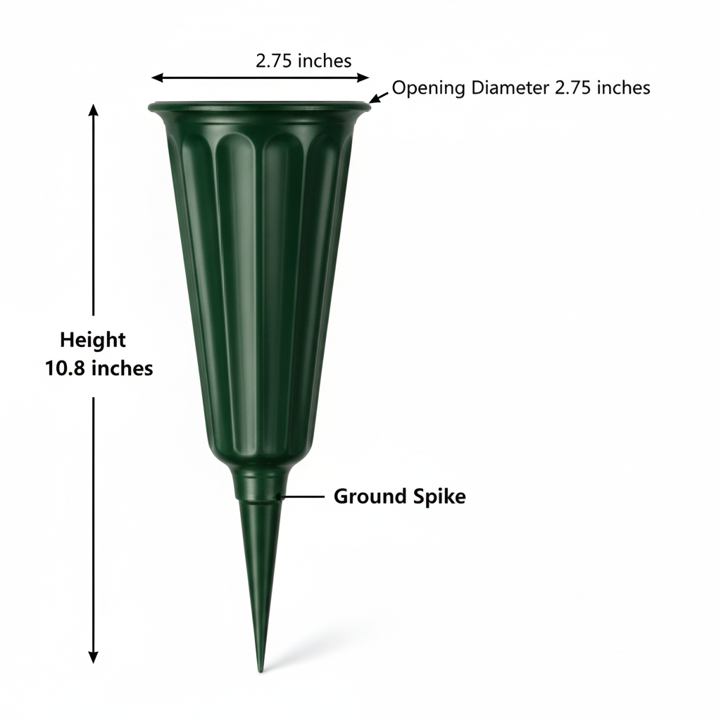 Green cemetery vase measurement diagram showing 10.8 inch height and 2.75 inch opening diameter