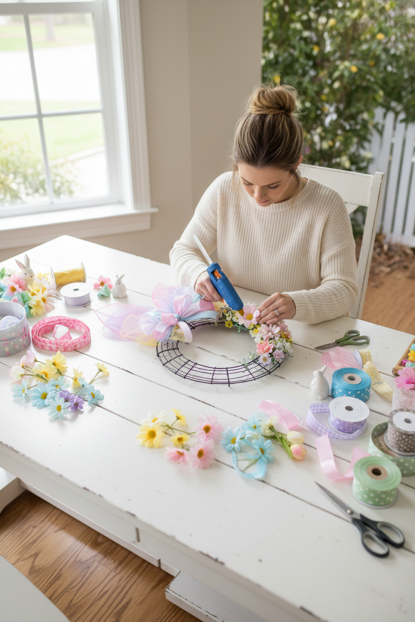 Woman attaching silk flowers to bunny wire wreath frame with hot glue gun, Easter DIY wreath making tutorial