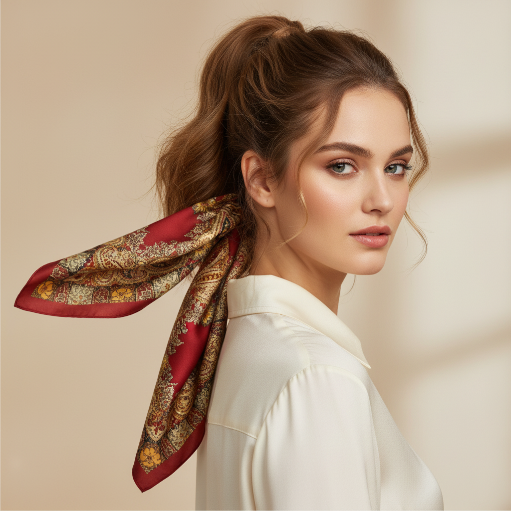 Woman with burgundy red gold paisley satin scarf tied around a ponytail as a chic hair wrap accessory