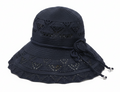 Navy Blue Wide Brim Sun Hat with Floral Cutout Pattern - UV Protection Beach Hat