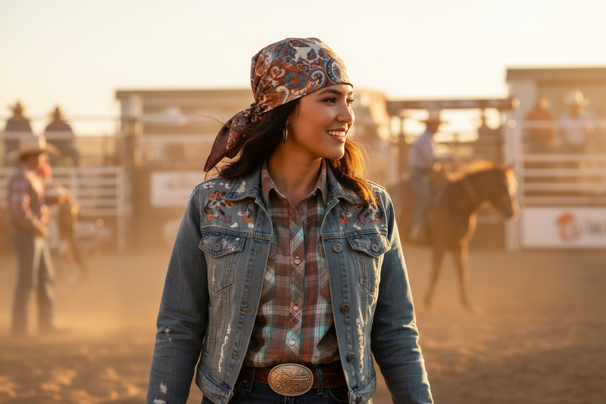 Paisley wild rag scarf styled as head wrap at rodeo event western fashion