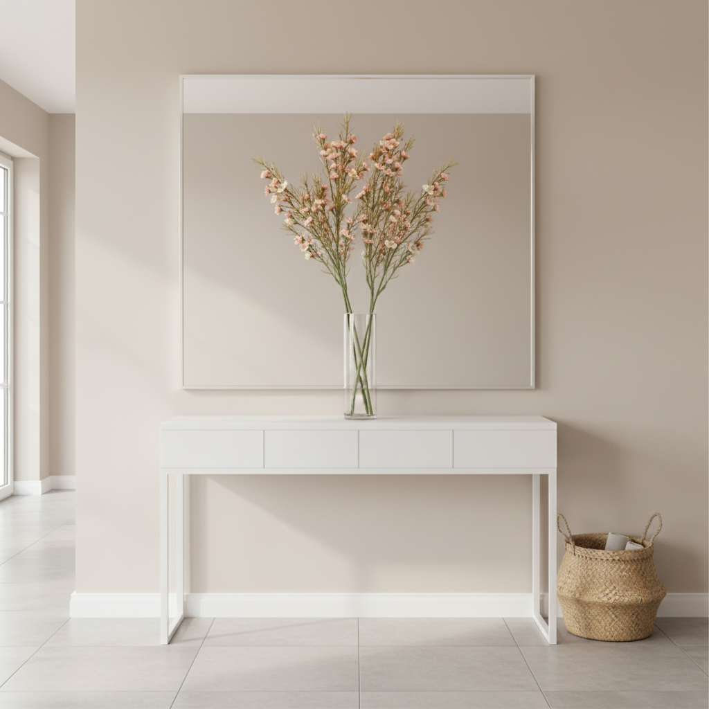 Artificial blush pink dogwood stems in tall clear glass vase on modern minimalist entryway console table