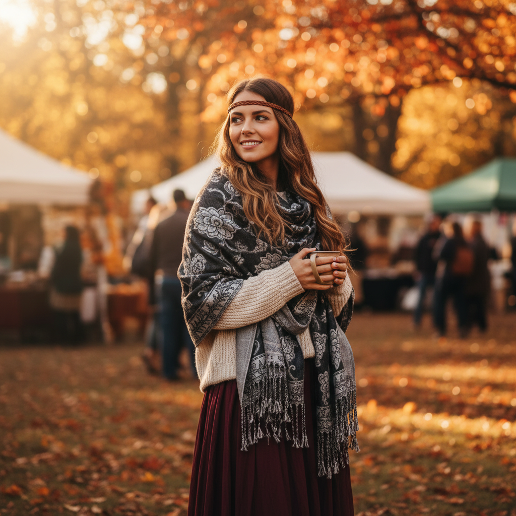 Woman wearing black white silver paisley jacquard fringe shawl wrap at outdoor autumn festival golden hour