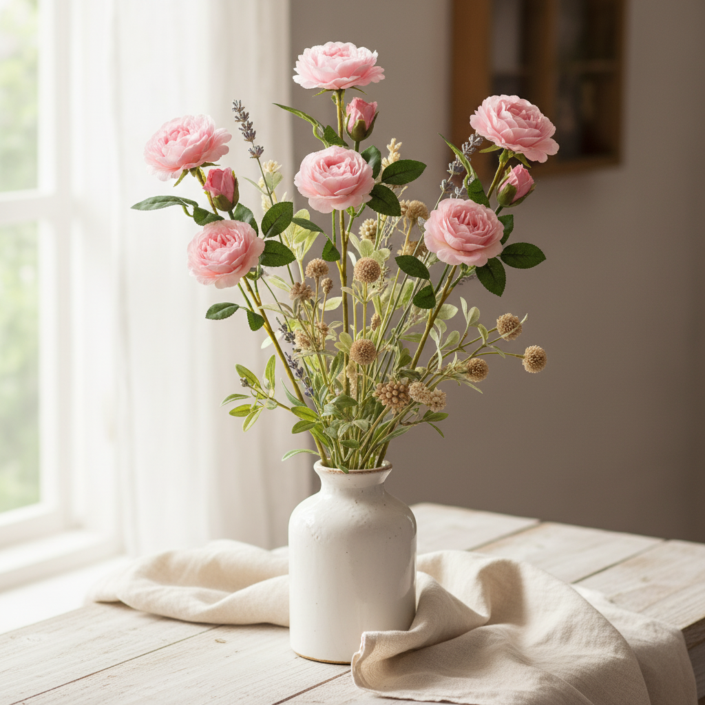 Artificial light pink garden rose stems arranged in white ceramic vase cottagecore styling with natural light