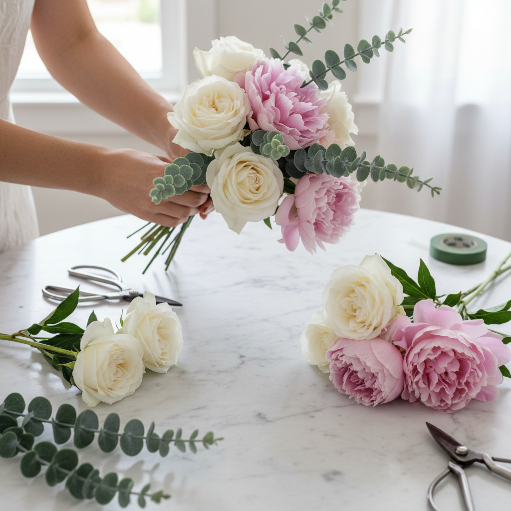 DIY bridal bouquet being assembled with baby blue eucalyptus stems mixed with white roses and pink peonies on marble table