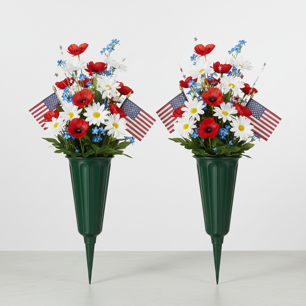 Set of 2 green cemetery vases with red white and blue flowers for Memorial Day tribute