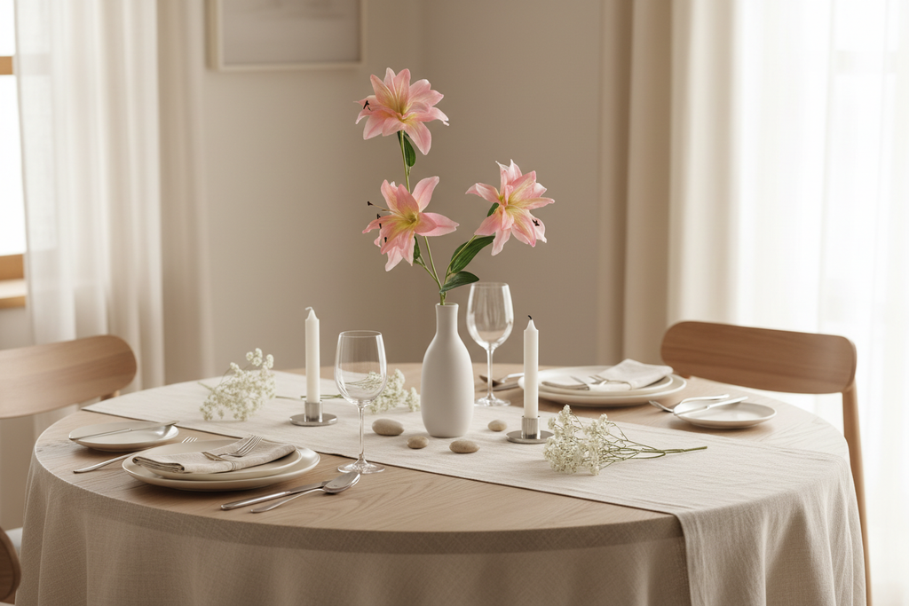 Blush pink lily stems in minimalist vase on dining table with neutral linens, elegant romantic tablescape