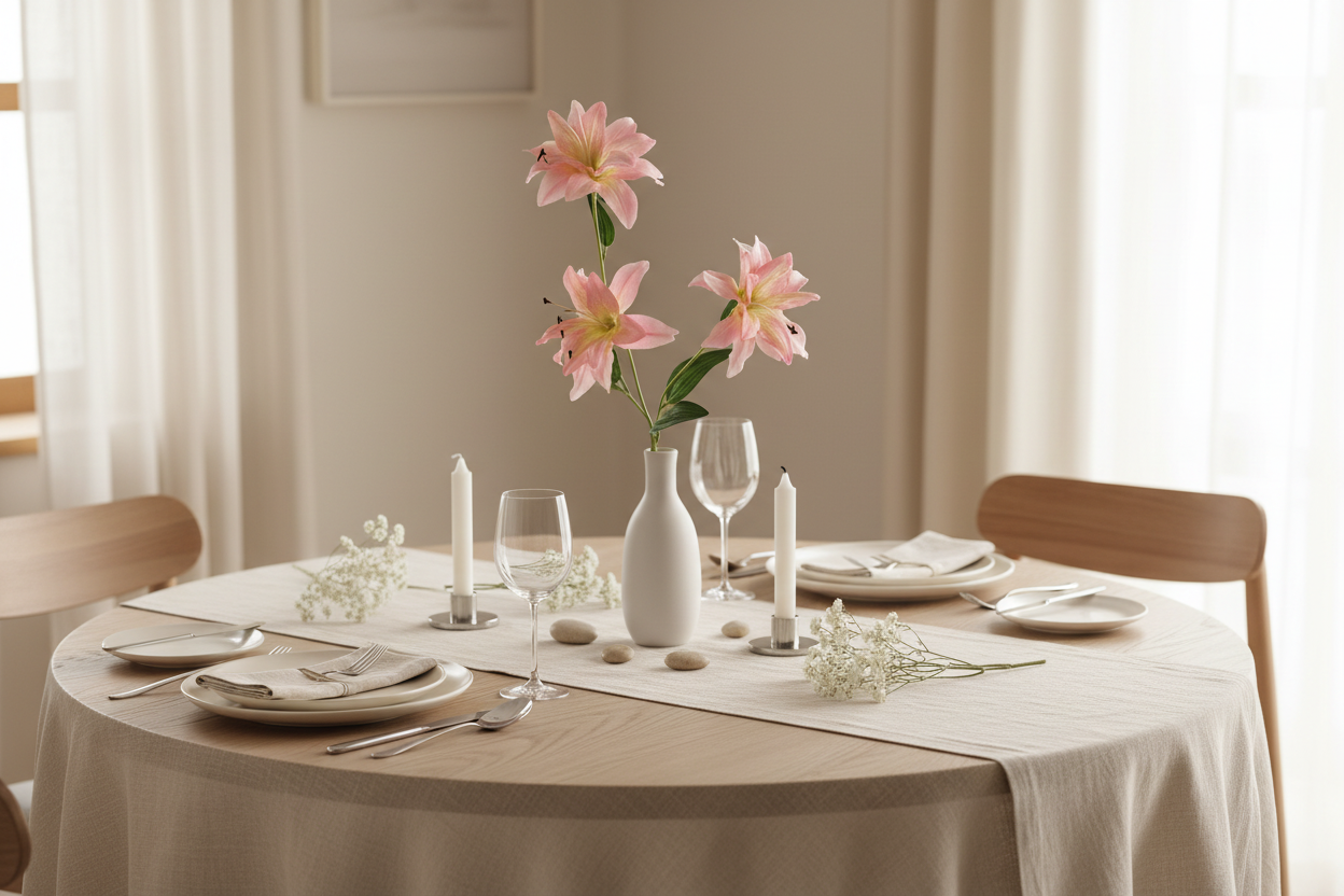 Blush pink lily stems in minimalist vase on dining table with neutral linens, elegant romantic tablescape