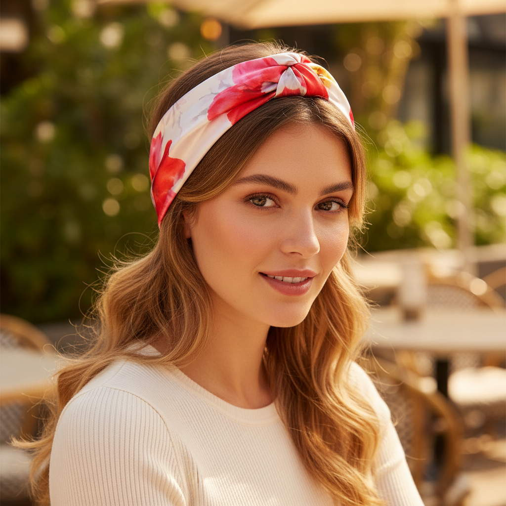 Red Watercolor Floral Satin Scarf Styled as Headband 20x20 Scarlet Bloom Hair Accessory