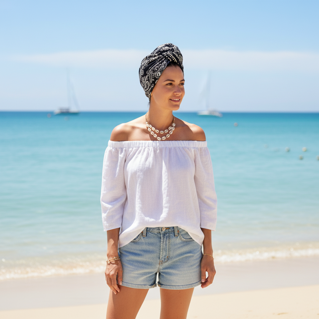Woman wearing black paisley scarf as head wrap at summer beach lakeside
