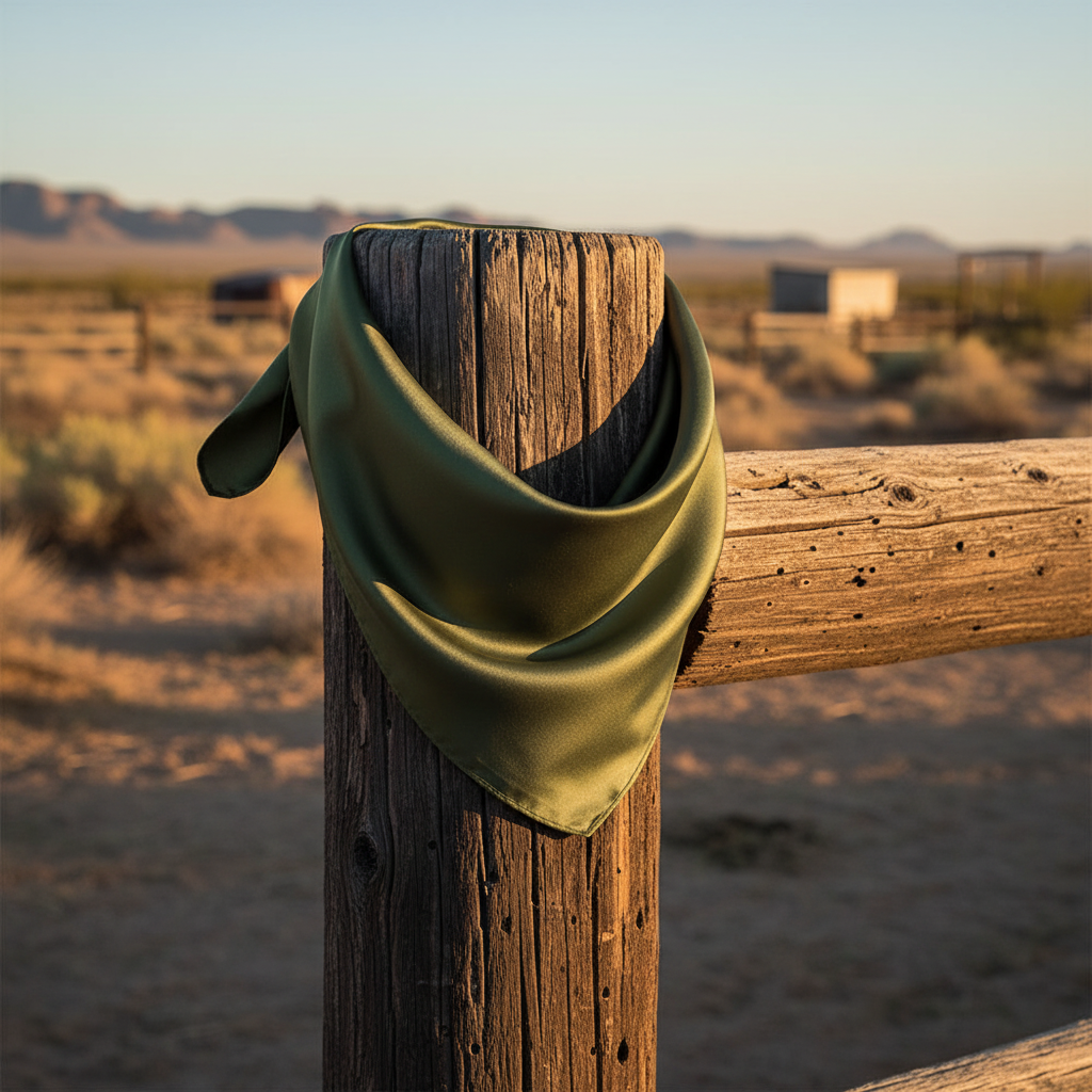 Olive green satin wild rag scarf draped on rustic fence western ranch lifestyle