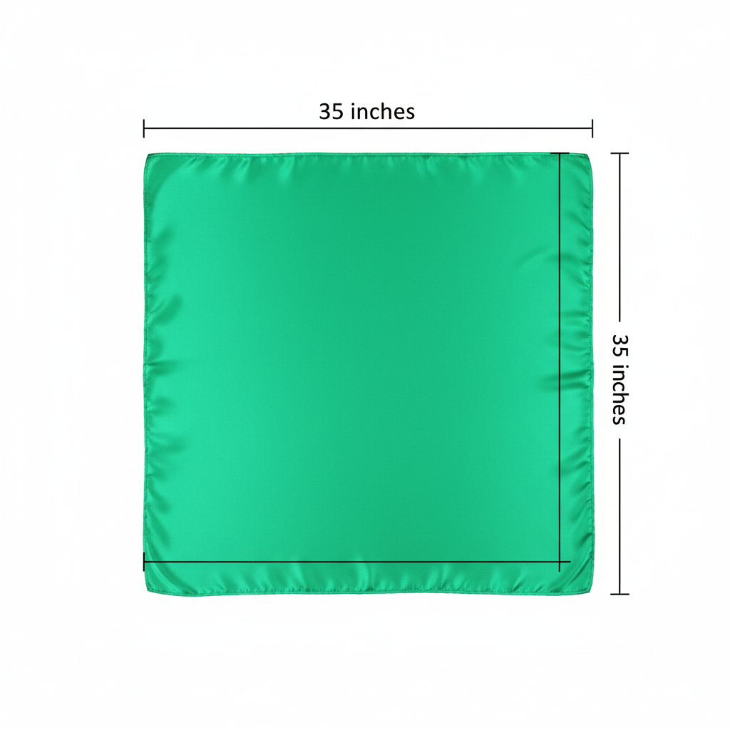 Jade green wild rag scarf measurement diagram showing 35 x 35 inch square dimensions