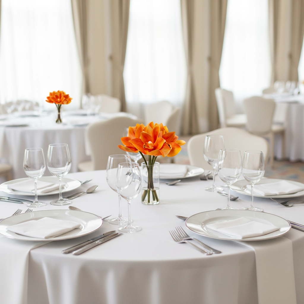 Orange orchid centerpiece on wedding reception table with place settings